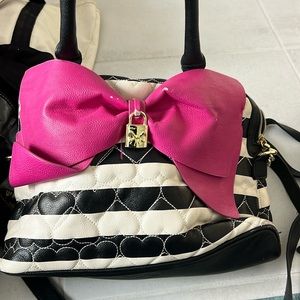 Betsey Johnson black and white with hot pink bow satchel